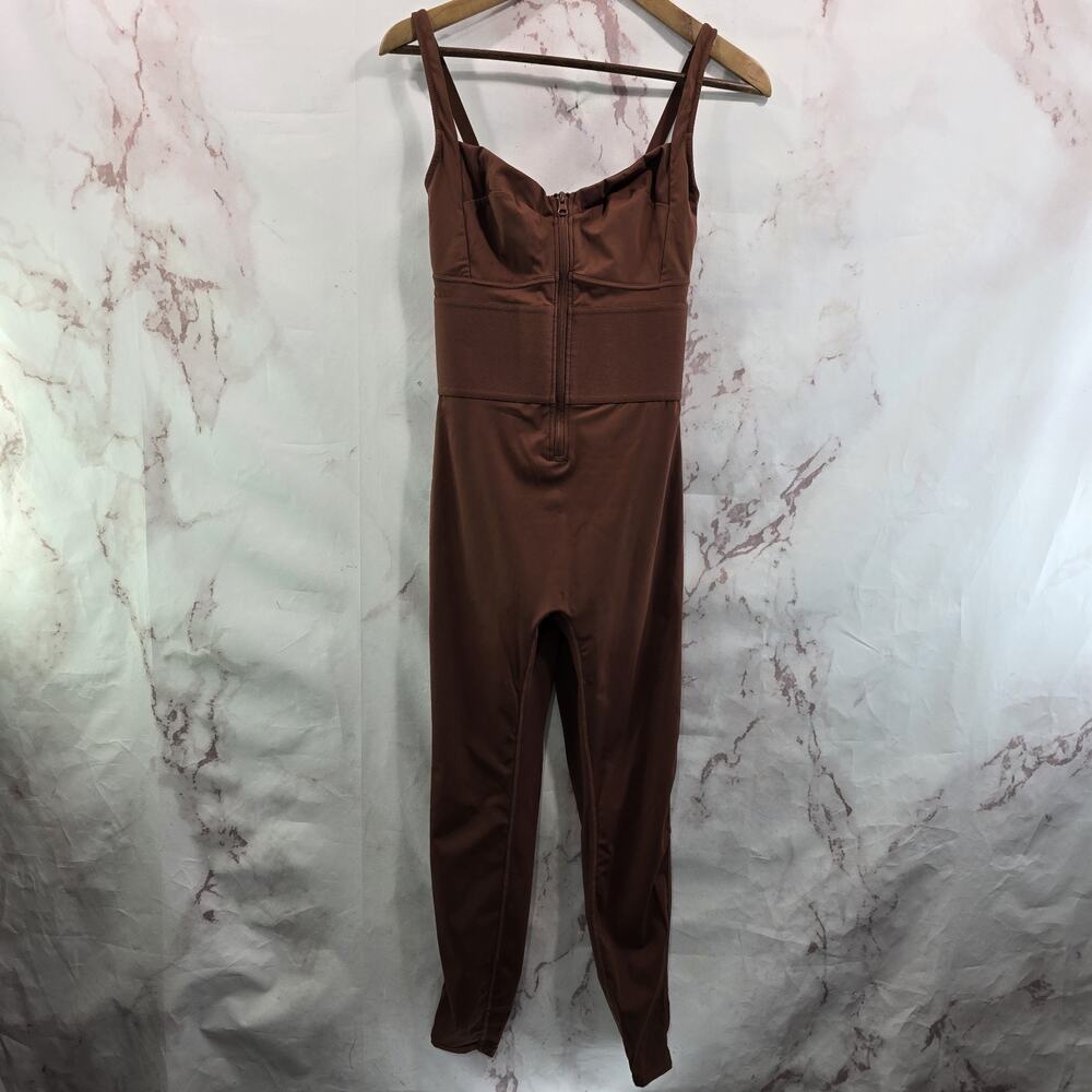 Shapellx Jumpsuit Womens Small Brown Crop Air Slim ElasticFuse Waistband Zip